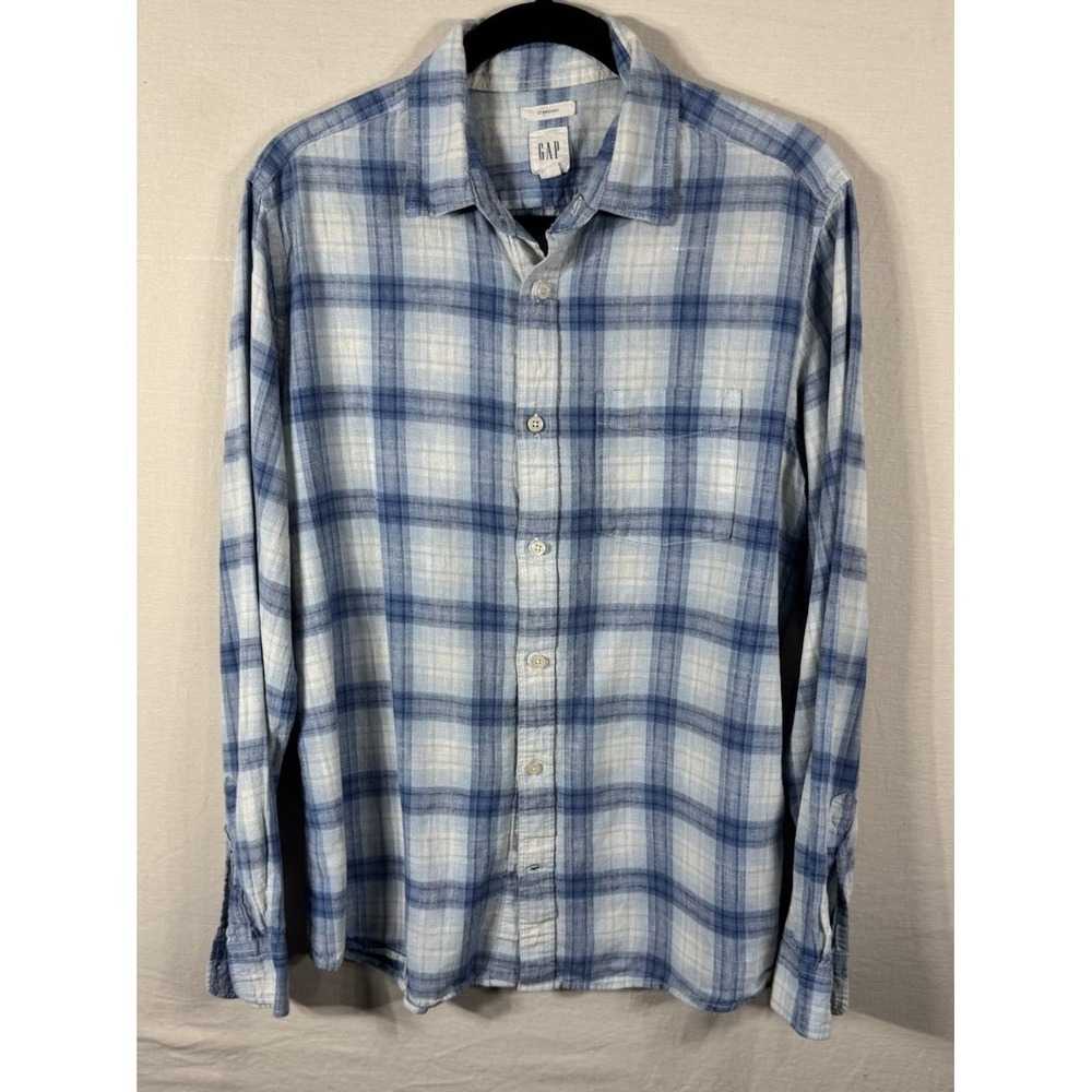 Gap Standard Linen Blend Plaid Button Up Shirt Men's Medium Blue Long Sleeve